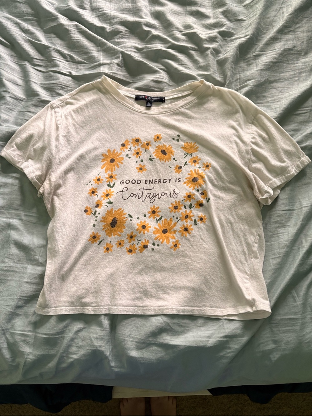 one clothing Cream Tee with Yellow Sunflower Graphic